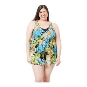 Denim & Co. Beach Printed Tropical Palm V-Neck Surplice Swim Dress Size 16
